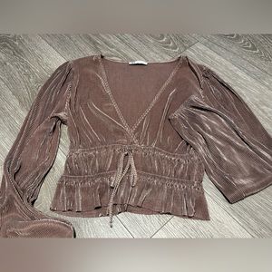 Zara Long Sleeve Bronze Copper Pleated Tie Top Blouse